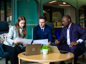Business people discussing portfolio