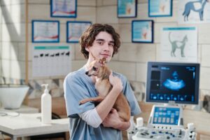 Veterinarian student doctor holding a small puppy