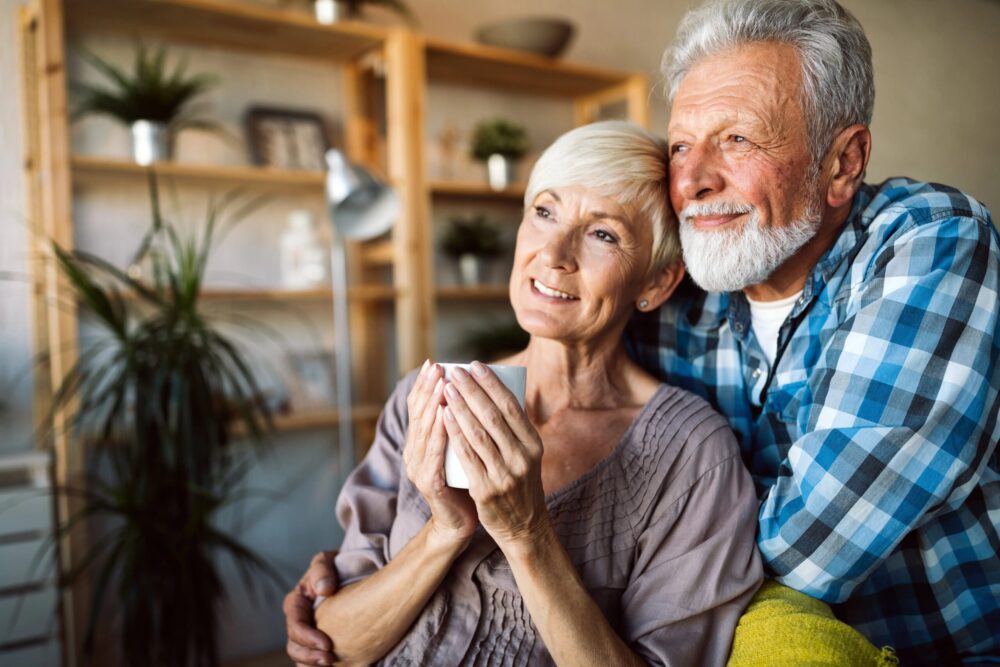 Retired couple enjoying a cup a coffee